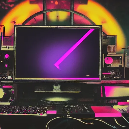 Prompt: debris of broken computer screens, synthwave, retrowave