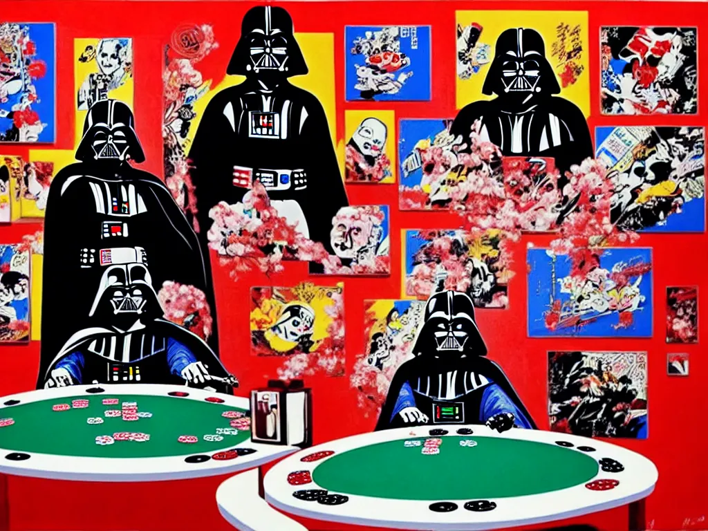 Image similar to hyper - realistic composition of a room with an extremely detailed poker table, woman in traditional japanese kimono standing nearby, darth vader sitting at the table, fireworks in the background, pop art style, jackie tsai style, andy warhol style, acrylic on canvas