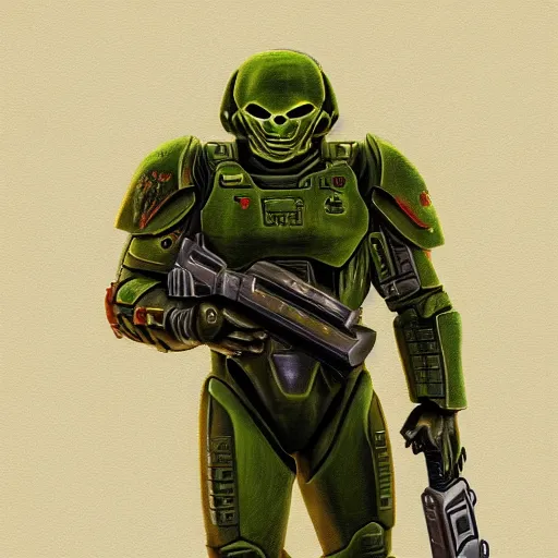 Image similar to portrait of doomguy from game doom, highly detailed, 8 k render centered, digital painting