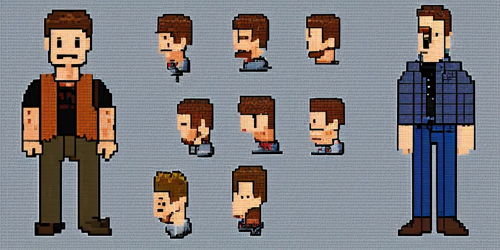 Image similar to character sheet of ross from the show friends, pixel art