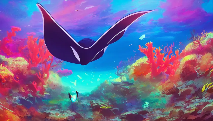 Image similar to a single manta ray swims above a colorful coral reef filled with fish, volumetric light, realism, in the style of alena aenami and andreas rocha and anato finnstark and charlie bowater