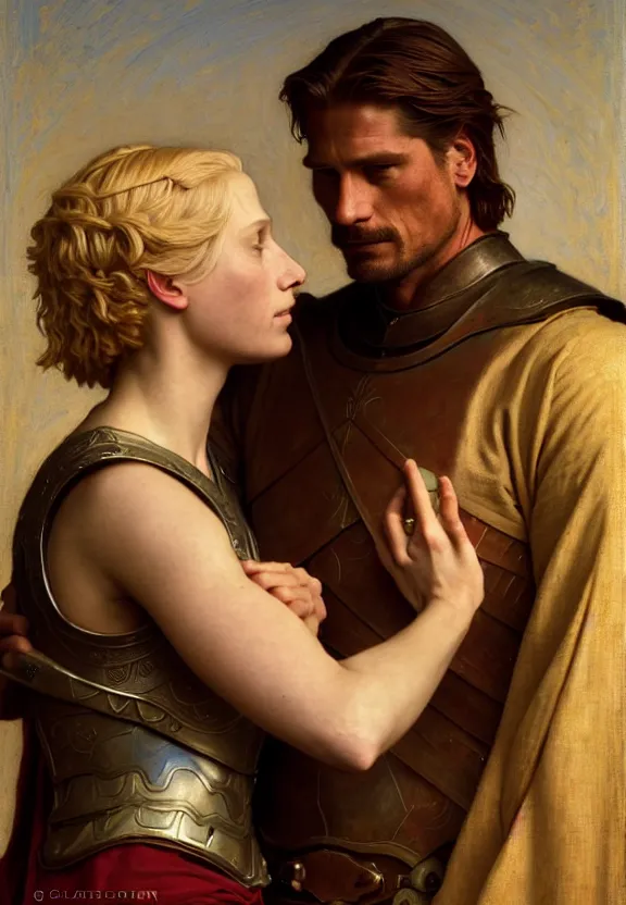 Image similar to attractive handsome fully clothed jaime lannister confesses his love for attractive fully armored brienne of tarth. centered composition. highly detailed painting by gaston bussiere and j. c. leyendecker and william adolphe bouguereau and fra angelico and octane render, musee d'orsay 8 k