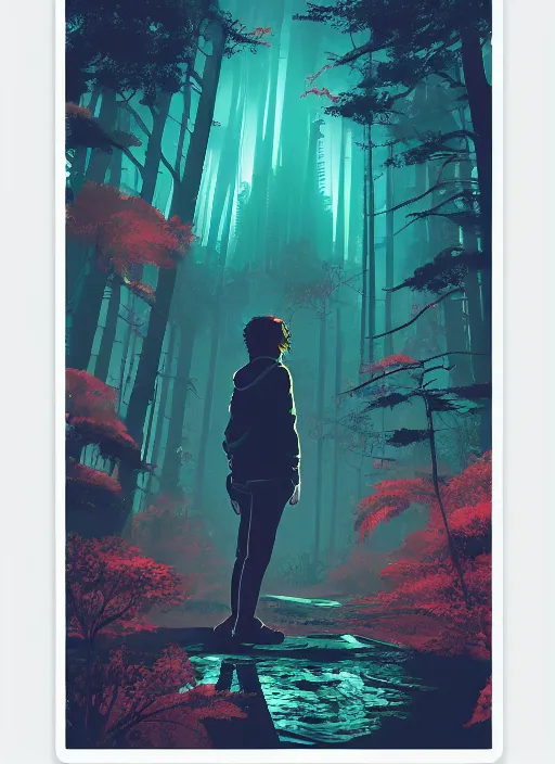 Image similar to an indie game poster of a translucent cyberpunk explorer transcending reality in the middle of a dense forest, midnight, risograph by ghostshrimp, kawase hasui, josan gonzalez, jean giraud, moebius, colourful flat surreal design, in the style of oxenfree, super detailed, a lot of tiny details