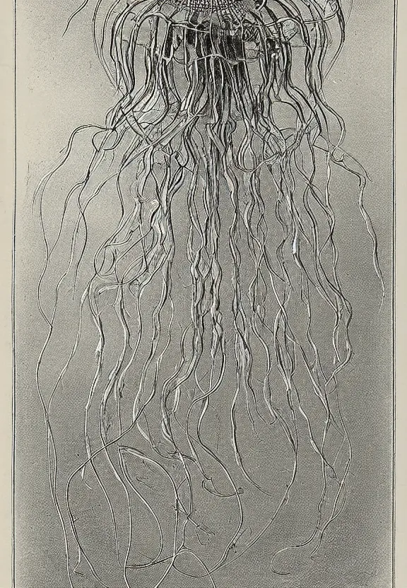 Prompt: historic scientific illustration of a species of jellyfish by ernst haeckel marry