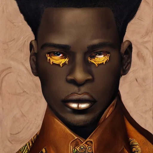 Prompt: a professionally painted african male model , clothed in gothic wear, dark skin, reddish gold hair, beautiful bone structure, symmetrical features, intricate, elegant, digital painting, smooth grain, sharp focus, illustration, no cropping, made by Kehinde Wiley, Kara Walker, Jacob Lawrence, Sam Gilliam, Edmonia Lewis,