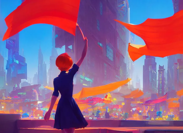 Prompt: gorgeous bright girl waving a red flag over her head dancing through Mandelbrot fractal city by Craig Mullins, ilya kuvshinov, krenz cushart, artgerm trending on artstation by Edward Hopper and Dan Mumford and WLOP and Rutkovsky, Unreal Engine 5, Lumen, Nanite