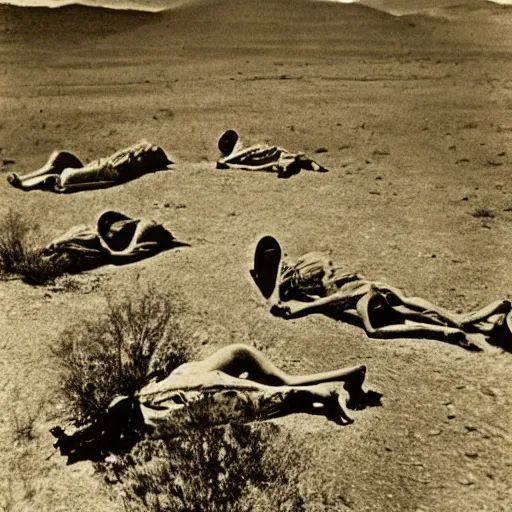 Prompt: alien bodies laying on the desert ground. 1940s photograph.