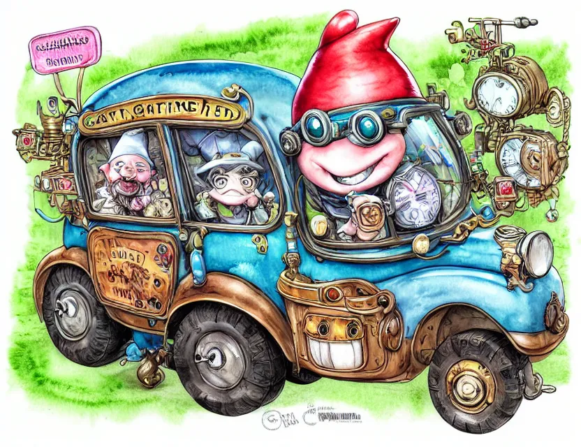 Image similar to cute and funny, a garden gnome driving a steampunk bus, ratfink style by ed roth, centered award winning watercolor pen illustration, isometric illustration by chihiro iwasaki, edited by range murata, tiny details by artgerm and watercolor girl, sharply focused