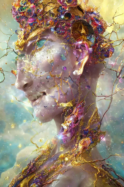 Prompt: realistic 8k digital painting of a stunning intricate cracked multicolored milky marble Cosmic EVA-Mech Ethereal Queen character design. Beautiful aura. Kintsugi. by Daytoner, Greg Tocchini, Yoshitaka Amano. Intricate Empress Crown made of sentient mycelium jewels and gems. subtle misty xparticles. Scattered Cherry blossoms Hyperrealism. Subsurface scattering. Octane Render