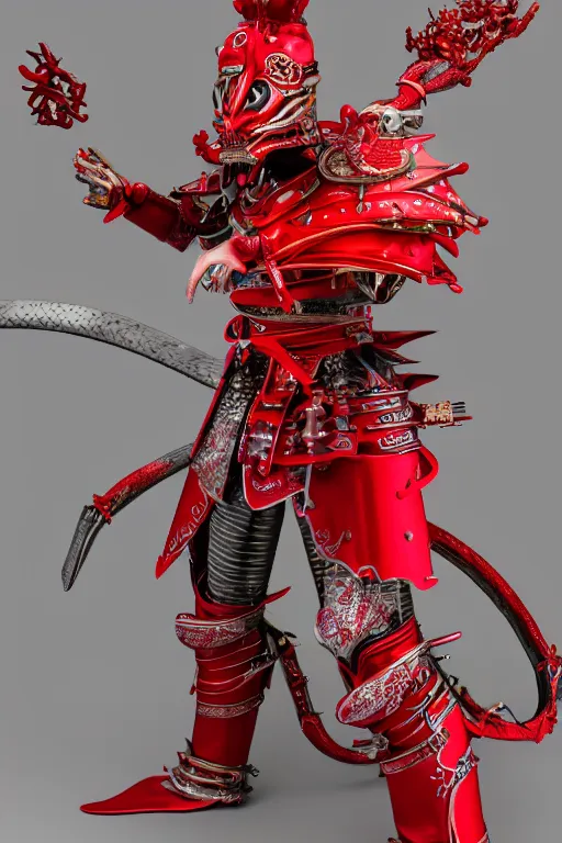 Image similar to photography of a mechanical dragon samurai in red japanese armor taken with Leica M11 , in human form, full body, ultra realistic, octan render