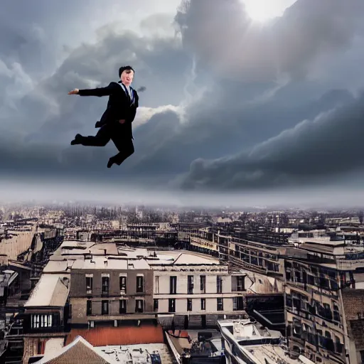 Prompt: A man in a suit jumping from one rooftop onto another with clouds in the sky,4k, high resolution,real life