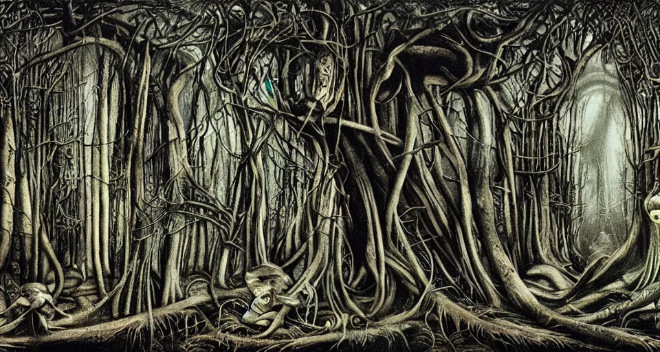 Image similar to Enchanted and magic forest, by HR Giger
