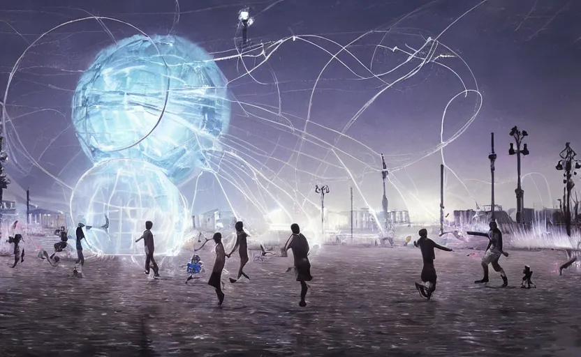 Image similar to people playing football and a spiral - shaped white luminous attractor is floating on the horizon in soviet city, concept art, art for the game, professional lighting, by banksy