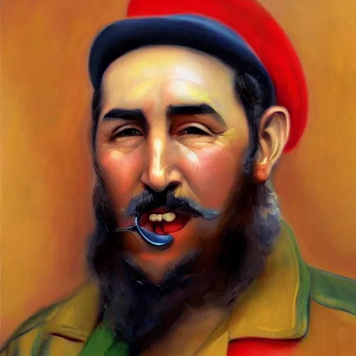 Image similar to oil painted portrait of fidel castro smiling with a cigar - warm colors - cuba - havana - style of sophie anderson - artstation trending