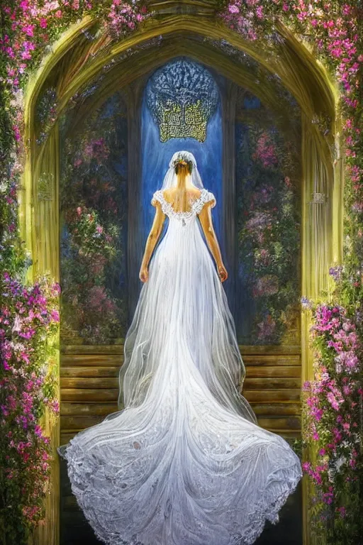 Prompt: breathtaking detailed digital painting of a full body shot of a bride viewed from behind in a long dress of pure light, in a sunlit luxurious flower garden art nouveau cathedral on a wedding day, covered in pastel flowers with golden petals flying, 8k, rule of thirds, german romanticism, rembrandt style, elegant, volumetric lighting, highly detailed, artstation, concept art, matte, sharp focus, art by Tom Bagshaw, Alfons Mucha