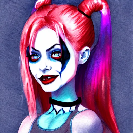 Image similar to harley quinn as an adorable vampire fairy, 8 k resolution watercolor pencil drawing, cinematic lighting, deviantart artstation