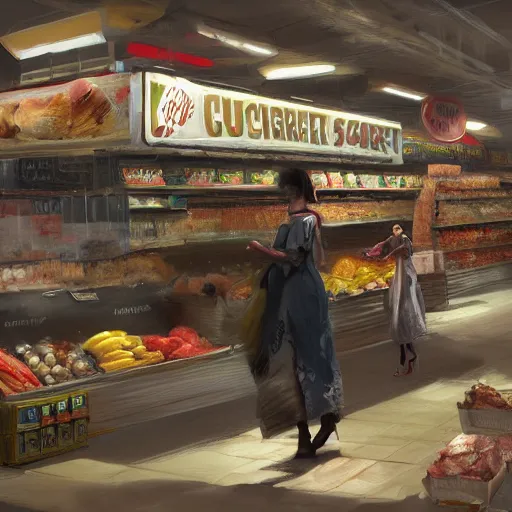 Image similar to digital painting of a super market deli shopping elegant but deadly chicogriff, griffin chicogriff hybrid monster, by Greg Rutkowski, magic the gathering concept art, trending on artstation, 4k resolution, ((in a super market Costco))