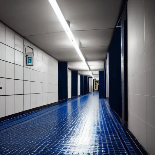 Prompt: underground lab hallway, dark blue and black, unknown location, clean, dry wall, shiny black tile floors, cinematic