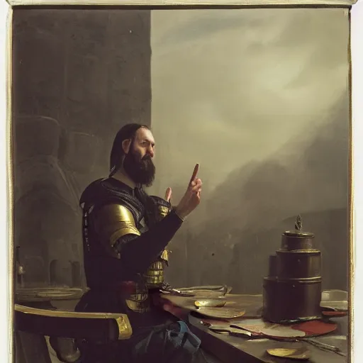 Image similar to Medium shot frustrated and acerbic male bearded Imperial soldier wearing a {black and yellow tabard} over a steel breastplate and a black gambeson leaning over a table, by Raymond Swanland Greg Rutkowski Lise Deharm, {perfect face}, {perfect eyes}, {perfect body}, {hands planted on table},