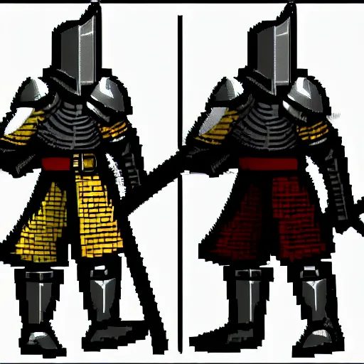 Image similar to sprite of a knight with armor sword and shield, dungeons and dragons game spritesheet, isometric, detailed, pixel art, full turn around