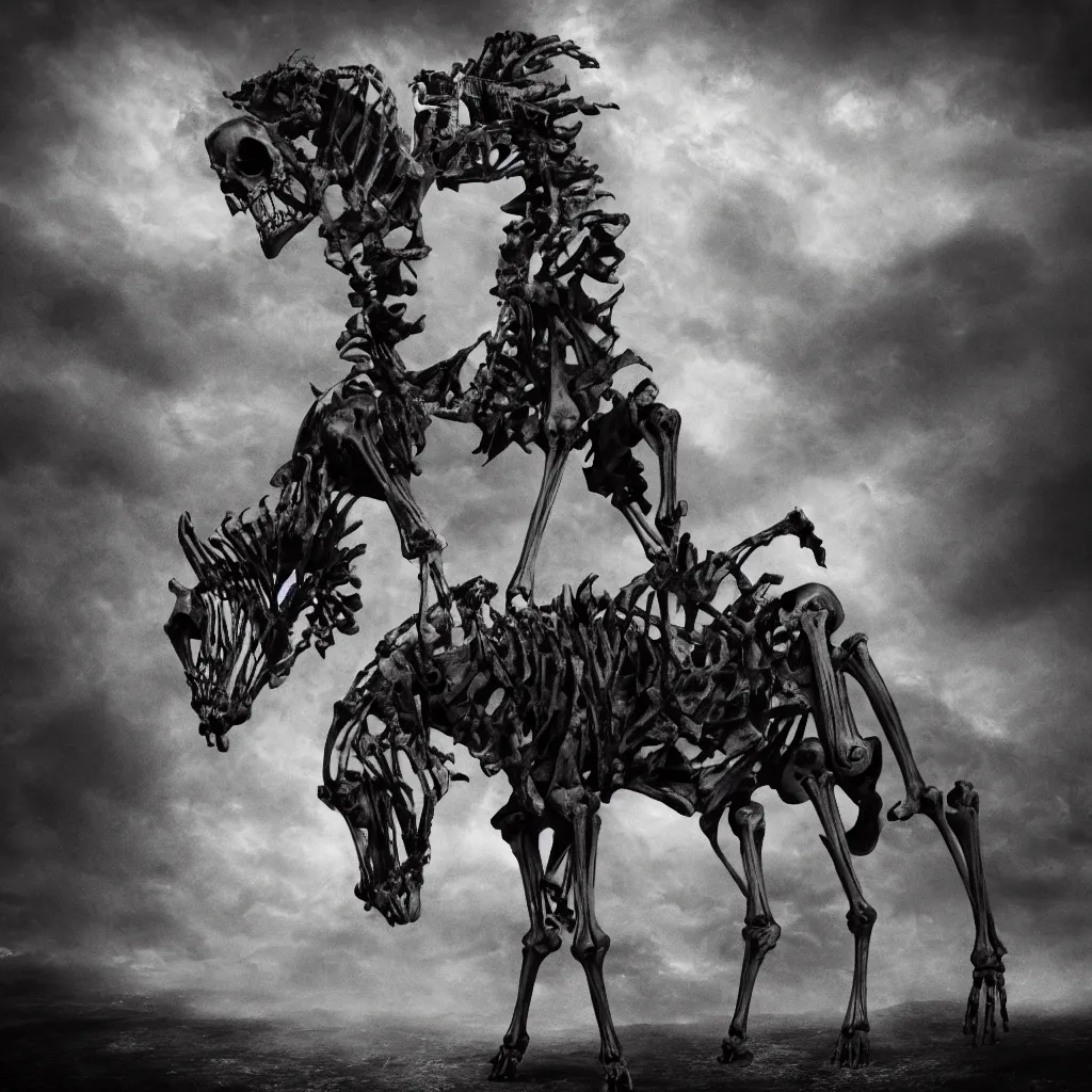 Prompt: a skeleton on a horse in the abyss, dark and mysterious, stopped in time, atmospheric, ominous, eerie, cinematic, epic, 8 k, 4 k, ultra detail, ultra realistic