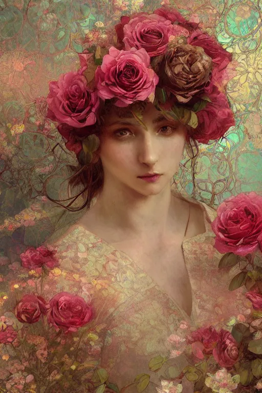 Image similar to an intricate artistic painting of a beautiful wallpaper art pattern made of elegant roses with painterly motives and textures, hyper detailed, octane render, vivid colors, artstation, by jeremy mann, by alphonse mucha