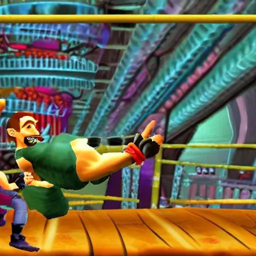 Prompt: character screenshot of ufc fighter sean o'malley in psychonauts, ps 2 platform game, dream world, sd video, cutscene, colorful hair, designed by scott campbell