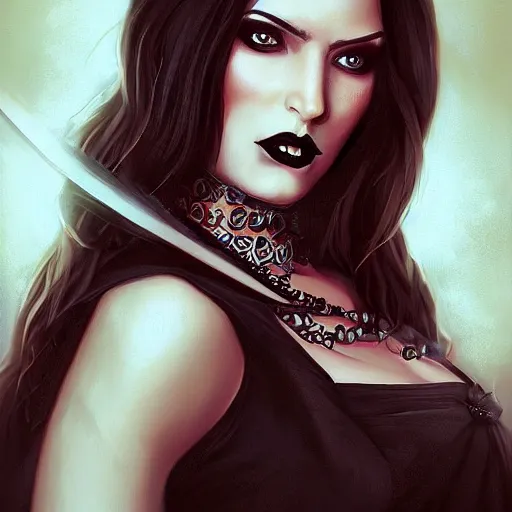 Prompt: beautiful digital portrait painting of an attractive gothic vampire queen by Cris Ortega, Papaninja and Artgerm