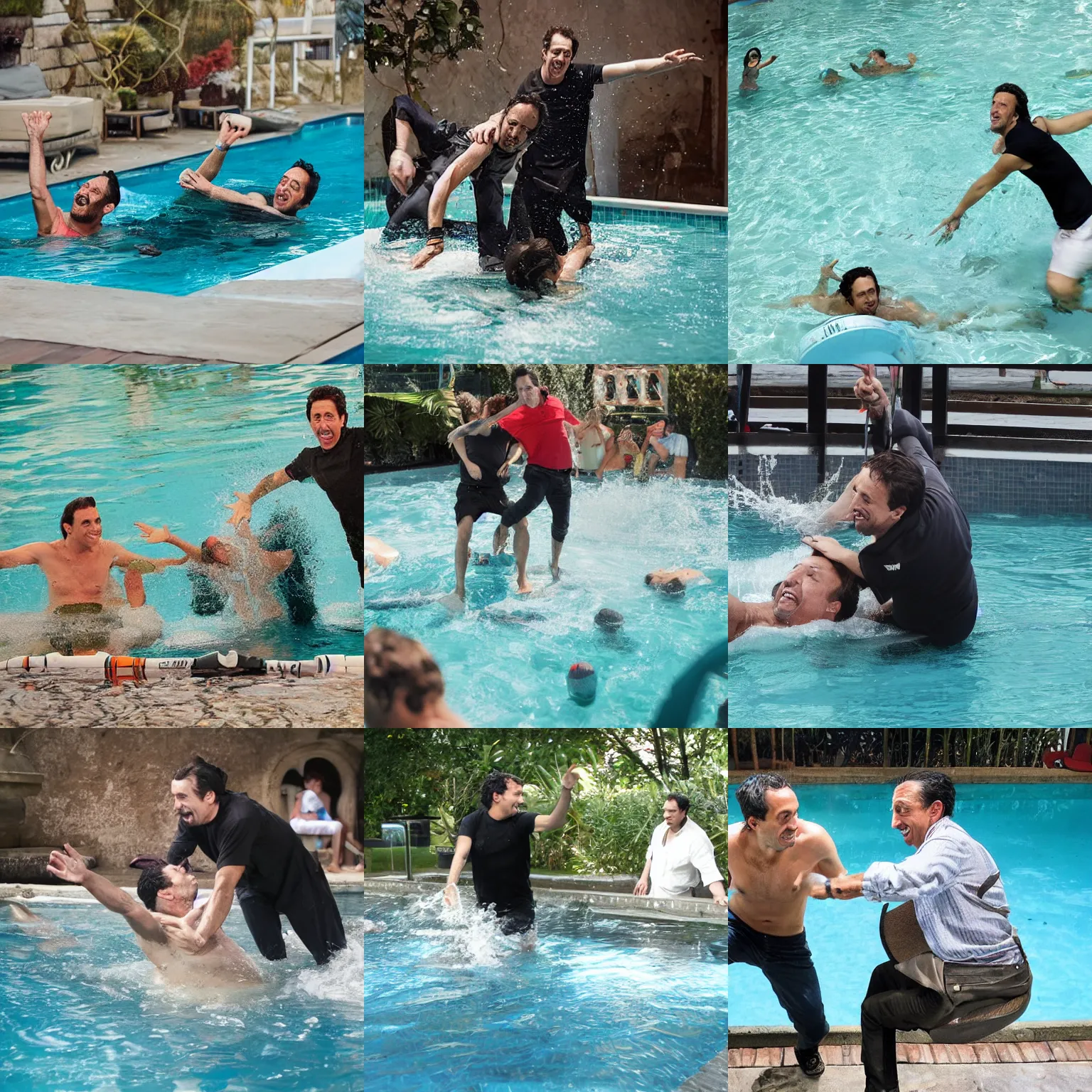 Prompt: Alexandre Astier throwing Gad Elmaleh in a pool, photograph