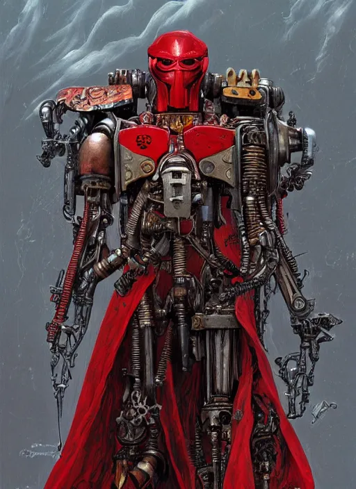 Image similar to portrait of rotten Tom Cruise as adeptus mechanicus in red hood and robe from Warhammer 40000. Highly detailed, artstation, illustration by and John Blanche and zdislav beksinski and wayne barlowe and Gustav Klimt