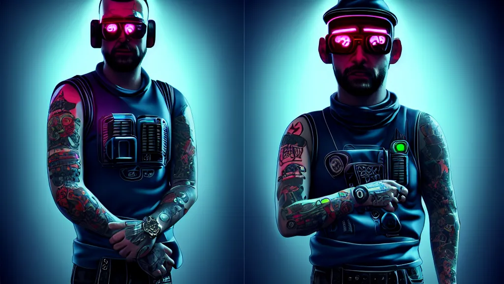 Image similar to Cyberpunk Benny the Bouncer, Tattoo on the neck, 4K symmetrical portrait, character concept art, hyper quality, future Doctrine, secret organization, 4k post-processing, moody lighting, rendered by octane engine