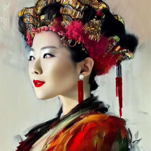 Prompt: spontaneous romantic portrait under painting of a lady in chinese opera headdress, beautiful juicy brush strokes, colorful, by richard schmid and sargent, trending on cgsociety, expressionism