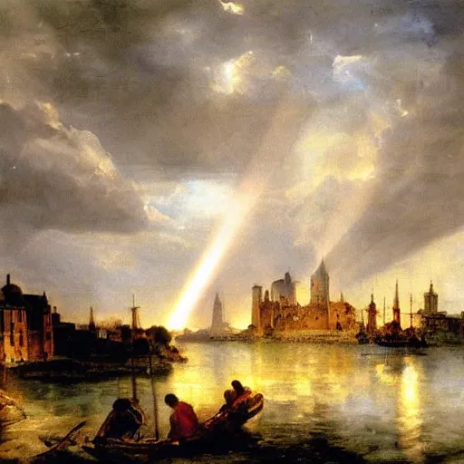 Image similar to oil painting of medieval harbour, storm clouds, sunrays, very very very very very beautiful bright art, american romanticism by goya, medieval castle, burning fires, colorful masterpiece, realistic and detailed