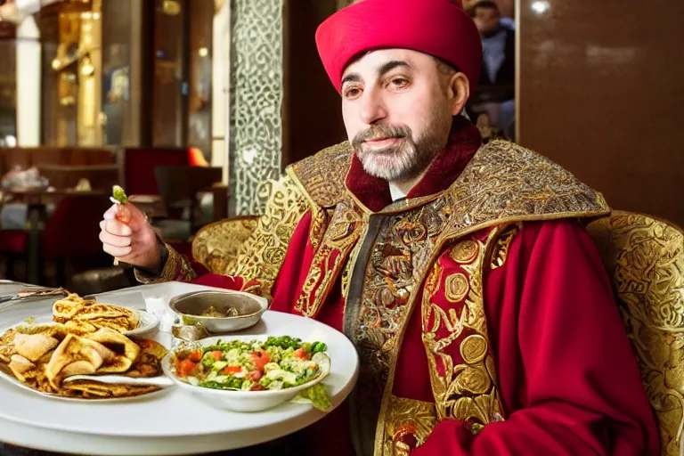 Image similar to Ottoman Sultan Mehmet IV eating shawarma in a restaurant in Downtown New York, wearing big ovular turban and a luxurious Ottoman coat, green eyes, super realistic facial features, detailed face, Ottoman Sultanate, cheerful, expressive, photorealistic, hyperrealism, micro details, HDR Shot