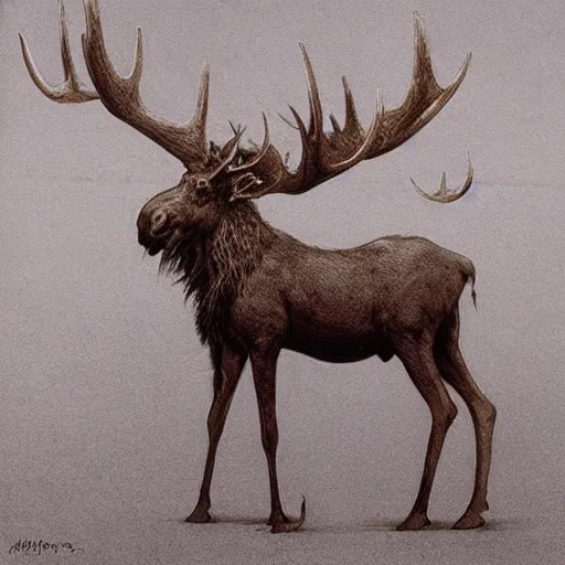 Image similar to A eldritch Moose in the style of Beksinski