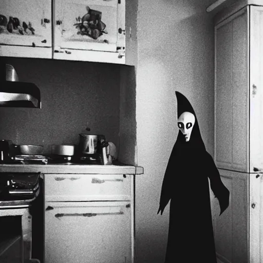 Image similar to nosferatu is cooking in a kitchen, realistic photography