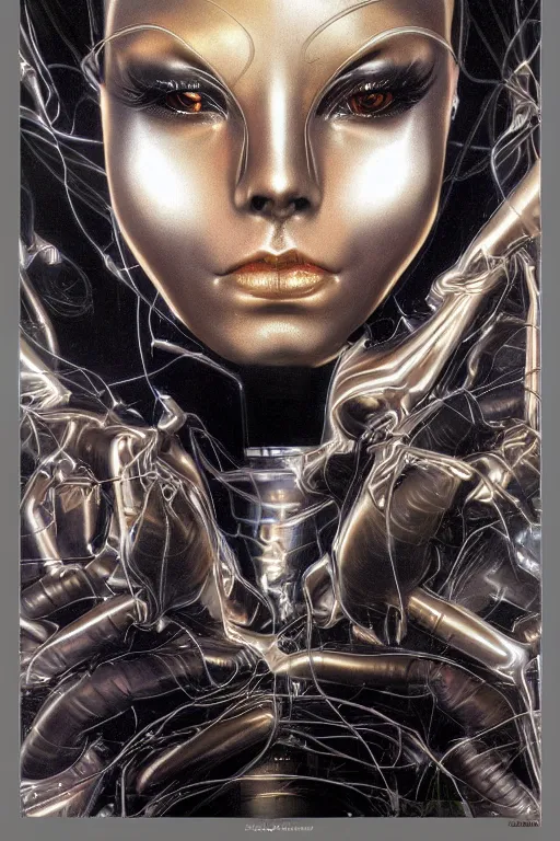 Image similar to organic cyborg head wrapped in silk by Hajime Sorayama and Jamie Coreth, trending on artstation, centered, symmetrical, electric hair, bilateral symmetry, 80s poster, polished, thick smoke, retro dark vintage sci-fi, 2D matte illustration