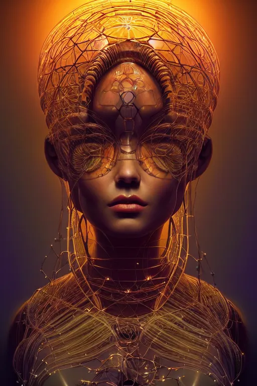 Image similar to a centered render of an alien bio - organic goddess adorned with cables and synthesizer parts is surrounded by sacred geometry, full body, gorgeous face, perfect face, powerful, cinematic, beautifully lit, by artgerm, by karol bak, 3 d, trending on artstation, octane render, 8 k