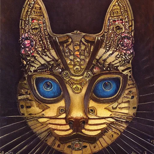 Image similar to masterpiece sculpture of an ornate bejeweled mechanical cat head, by annie swynnerton and diego rivera and nicholas roerich and jean delville, symbolist, dramatic lighting, god rays, elaborate geometric ornament, art brut, rich colors, smooth, sharp focus, extremely detailed, adolf wolfli and ( donato giancola )