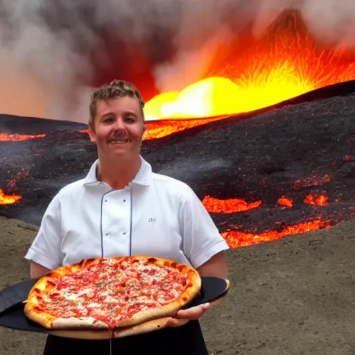 Image similar to an evil pizza cook standing in front of a volcano, streams of lava, smoke, fire, pizza margherita