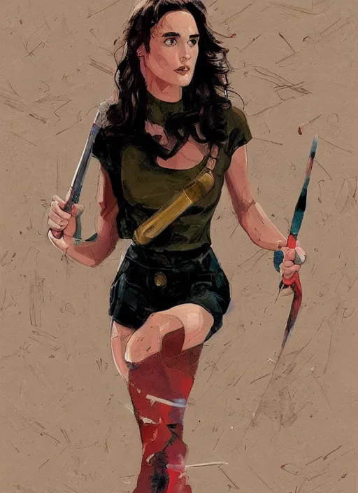 Image similar to detailed artwork by phil noto ; stylized painting of young jennifer connelly ; gal gadot ; eva green ; young jennifer connelly from the rocketeer ; brush texture ; asymmetric composition ; paint texture ; trending on artstation ; gallery painting by phil noto, comic style