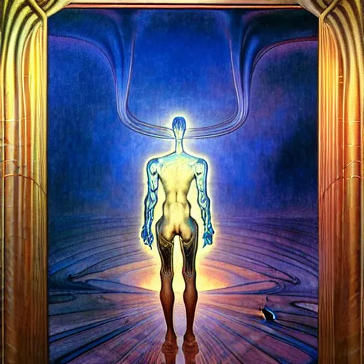 Image similar to realistic extremely detailed portrait painting of a glowing male silhouette, futuristic sci-fi landscape on background by Jean Delville, Amano, Yves Tanguy, Alphonse Mucha, Ernst Haeckel, Edward Robert Hughes, Roger Dean, rich moody colours, blue eyes