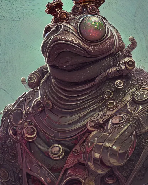 Image similar to a slimy anthropomorphic toad king wearing ornate cyberpunk armor, smooth, intricate, elegant, digital painting, artstation, steam, grungy steel, concept art, sharp focus, octane render, illustration, art by josan gonzalez,