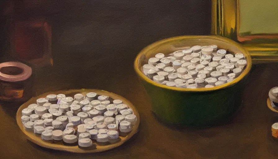 Prompt: an oil painting of a tub of pills, illustration, cinematic lighting, establishing shot