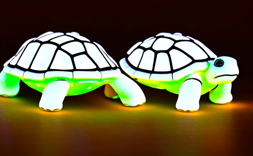 Prompt: artificial Intelligence turtle with its shell made out of modular-synth dials and knobs with a small AMOLED display, LED light accents, sleek design by apple, triple white colorway, modular-synth, VST, 4k, 33mm, high quality photo,