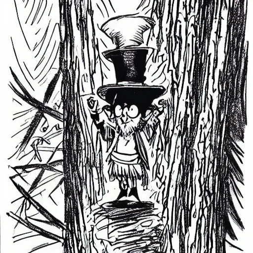 Image similar to neat ink drawing of cartoon wizard in robe and hat staying on the top of the tree, by Bill Waterson by Rutkowsky,