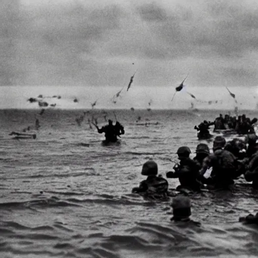 Image similar to the running soldiers in the sea in the d - day, by robert capa,