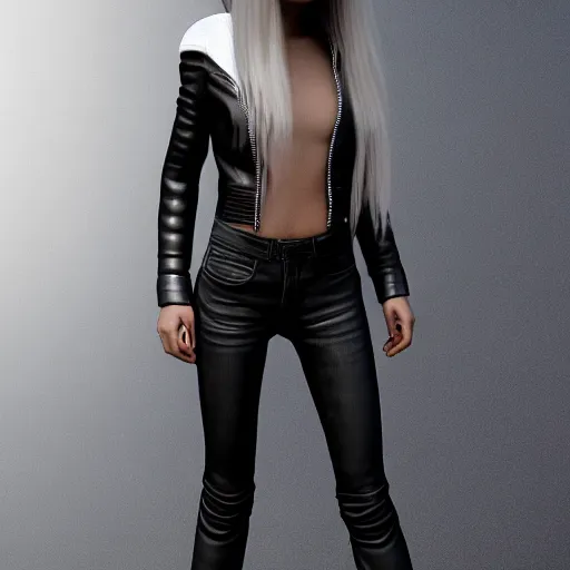 Prompt: a full body portrait of a female wearing a skintight leather jacket long white hair, trending on artstation, artstationhd, artstationhq, full body shot, cycles render, octane render, unreal engine, detailed body, detailed face, artwork by tooth wu and wlop and beeple and greg rutkowski