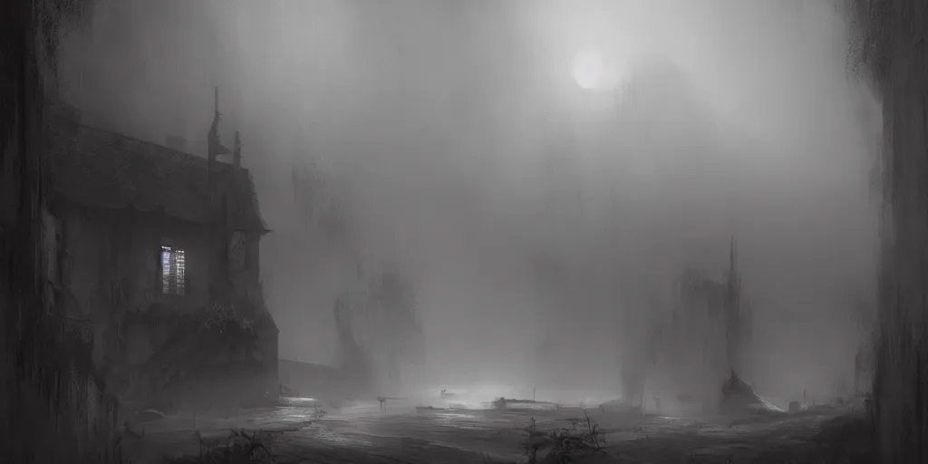 Prompt: fantasy depiction of the realm of shadows shrouded by mist trails leading to a red door, low saturation, high contrast, mostly greyscale, eerie disturbing lighting, in the style of marcin rubinkowski, greg rutkowski, lorenzo lanfranconi, oleg zherebin, trending on artstation