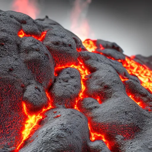 Prompt: close up of the crusty surface of lava, with the lava glowing from underneath, 8k, octane render, ultra realistic, trending on artstation,